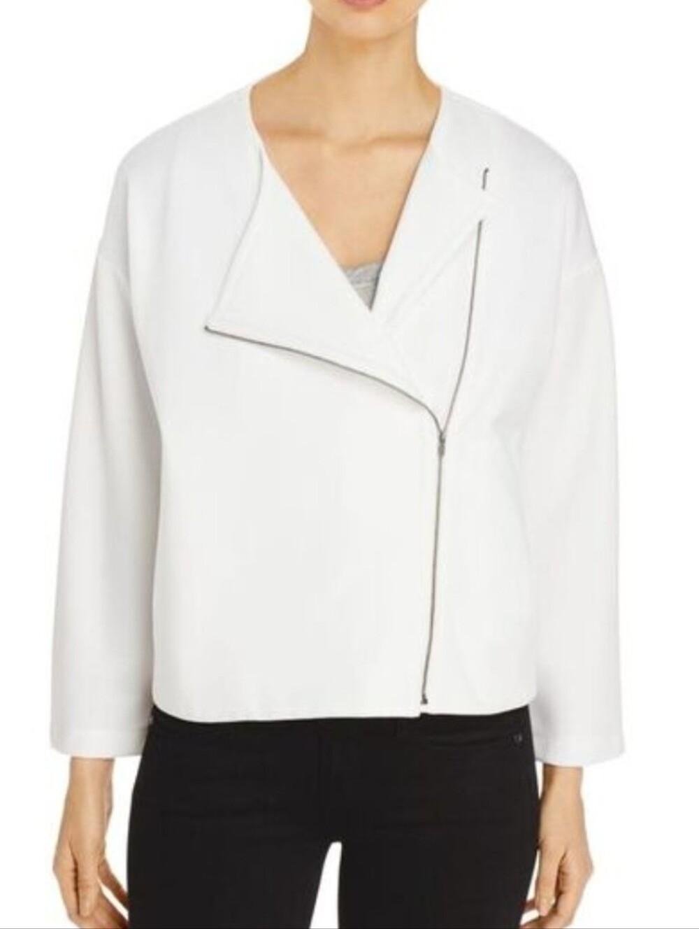 Eileen Fisher White Asymmetrical Zip Blazer